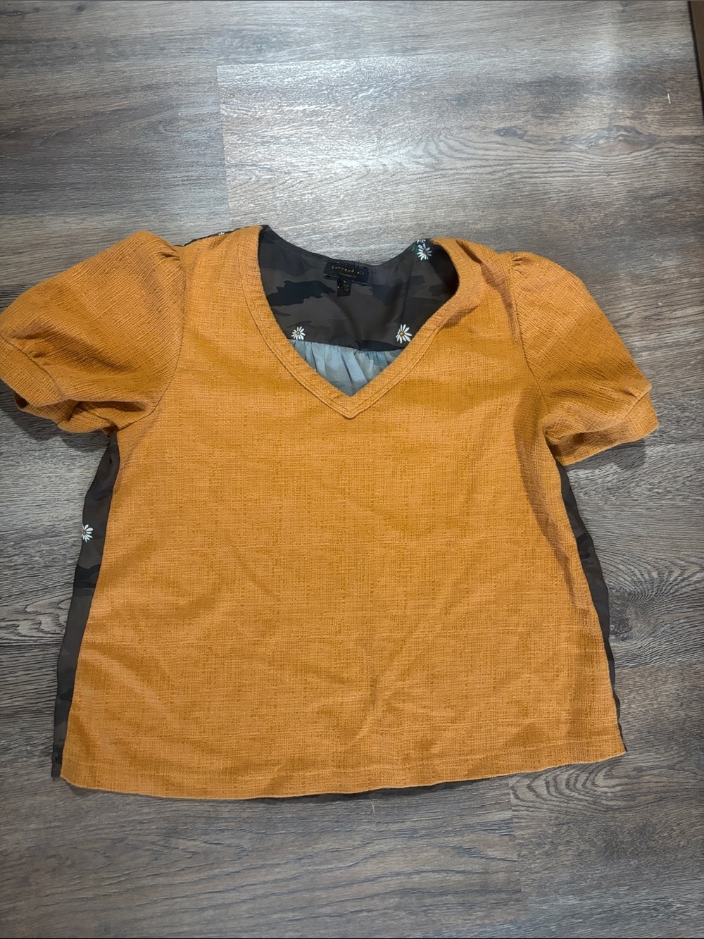 Current Air Mustard Yellow Textured V-Neck Puff Sleeve Top